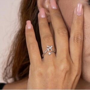 925 Sterling Silver Airplane Ring with Crystal Details. Adjustable Pilot Ring